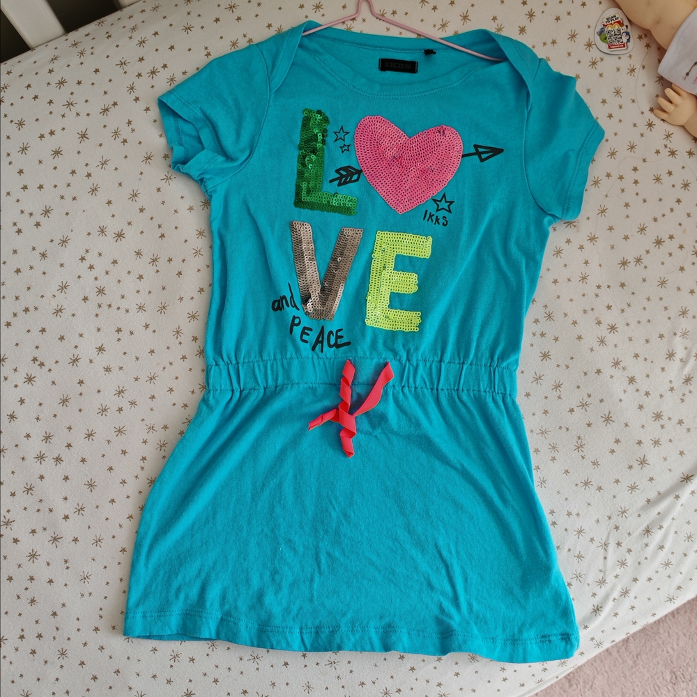 3/25 French brand ikks little girl Blue Love Graphic T-Shirt Dress